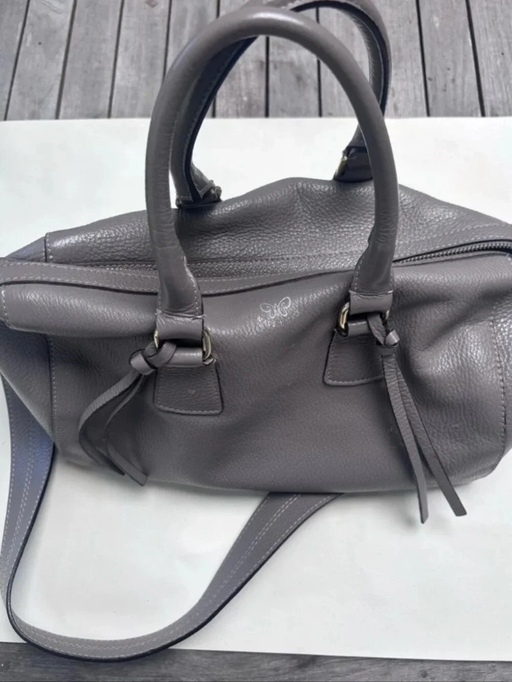 Johnny Was Taupe Gray Leather Tote Handbag Shoulder Bag